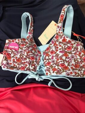 NWT Maaji Floral Lace-Up Bikini top in Light Blue and Coral